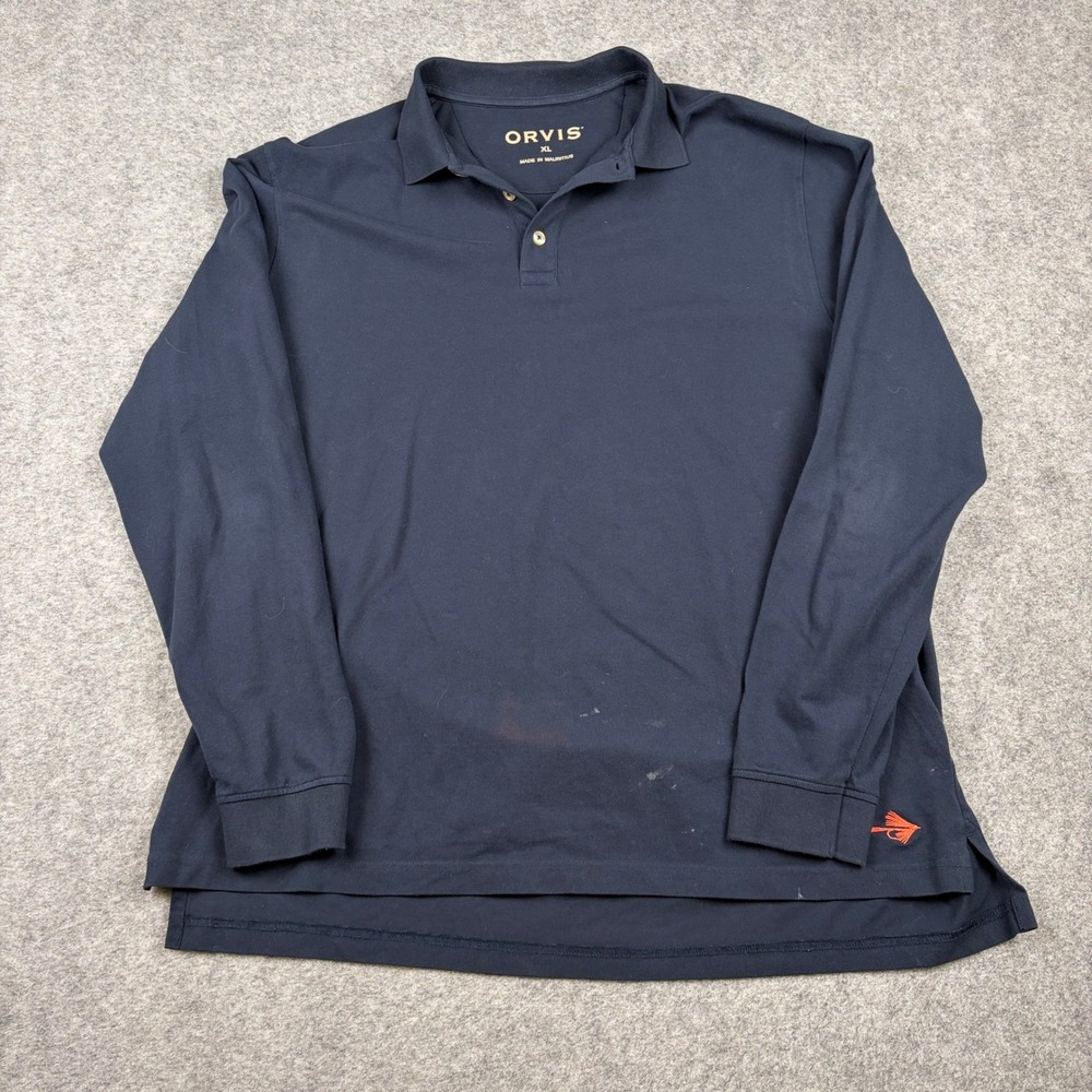 Orvis Polo Shirt Mens XL Navy Blue Long Sleeve Pique Fly Logo Cotton‎ Casual